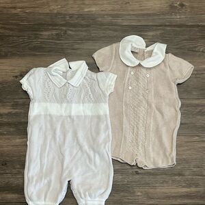 2 Baby Knit Rompers with Peter Pan Collars - White & Light Pink
